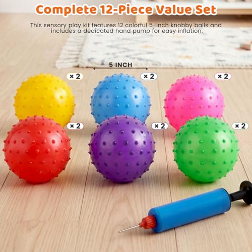 LOVEINUSA 12 Pack Bouncy Ball Knobby Massage Ball, 5" Spiky Sensory Toy for Kids & Adults, Stress Relief Office Desk Fidget Toy, School Prize & Party Favors with Pump