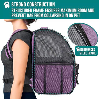 PetAmi Dog Backpack Carrier for Small Medium Dogs Large Cats up to 18 lbs, 2 Side Entry, Structured No-Collapse Frame, Airline Approved Ventilated Pet Backpack for Hiking Camping Travel, Purple - color: Heather Purple