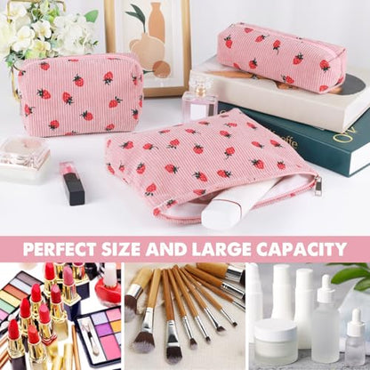 3 Pcs Makeup Bag Cosmetic Bag Set for Girls Women Travel Organizer Bathroom Toiletry Pouch Large Capacity Storage Bag (Strawberry Pink) - color: Strawberry Pink