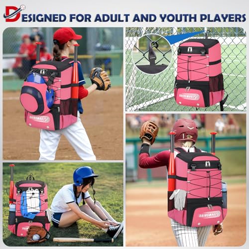 RAINSMORE Baseball Bag for Youth & Adult Lightweight Softball Bat Bag with Shoe Compartment, External Helmet Holder and Fence Hook Waterproof Baseball Backpack Hold T-Ball, Bat and Softball Equipment - color: Pink