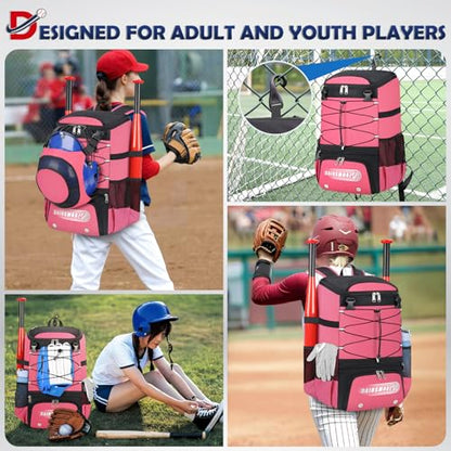 RAINSMORE Baseball Bag for Youth & Adult Lightweight Softball Bat Bag with Shoe Compartment, External Helmet Holder and Fence Hook Waterproof Baseball Backpack Hold T-Ball, Bat and Softball Equipment - color: Pink