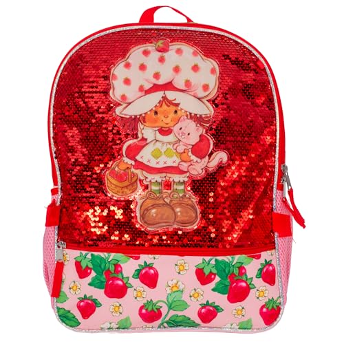 AI ACCESSORY INNOVATIONS Strawberry Shortcake 5 Piece Backpack Set, Flip Sequin Girls School Bag with Front Zip Pocket, 2 Side Mesh Pockets, Pink & Red - color: Strawberry Shortcake