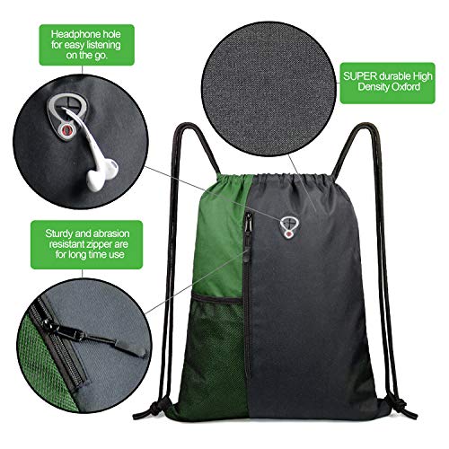 BeeGreen Green Drawstring Bag Sports Gym Backpack for Women Men Large Cinch Sackpack Day Pack with Zipper and Water Bottle Mesh Pockets (Black/Green) - color: Black/Green, style: Drawstring With Mesh Pocket