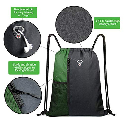 BeeGreen Green Drawstring Bag Sports Gym Backpack for Women Men Large Cinch Sackpack Day Pack with Zipper and Water Bottle Mesh Pockets (Black/Green) - color: Black/Green, style: Drawstring With Mesh Pocket