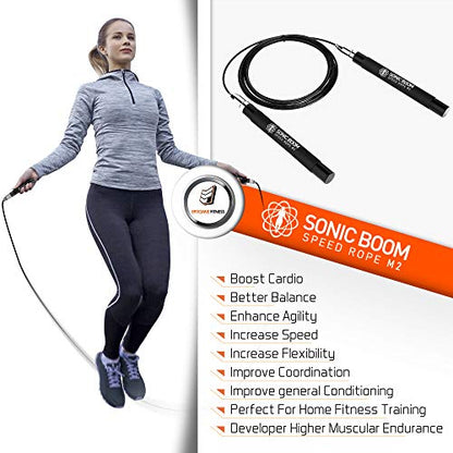 Epitomie Fitness Sonic Boom M2 High Speed Jump Rope - Patent Pending Self-Locking, Screw-Free Design – Weighted, 360 Degree Spin, Silicone Grip with 2 Speed Rope Cables for Home Workout, & More