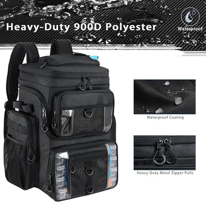 Fishing Backpack with 4 Tackle Boxes, 55L Large Tackle Box Backpack with 4 Rod Holders, Waterproof 900D Tackle Backpacks with Cooler & Clear Gear Windows, Fishing Gifts for Men Women, Black - color: Black (with 4Boxes)