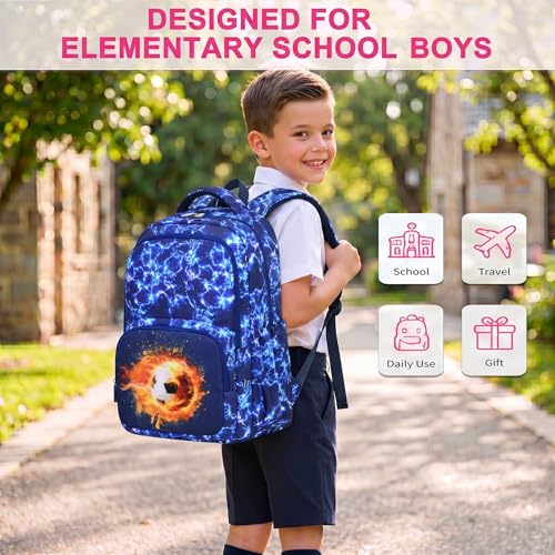 3PCS Kids Backpack Set, School Backpack with Lunch Bag & Pencil Case, Lightweight Waterproof Bookbag for Kids (Flame Soccer Blue) - color: Flame Soccer Blue