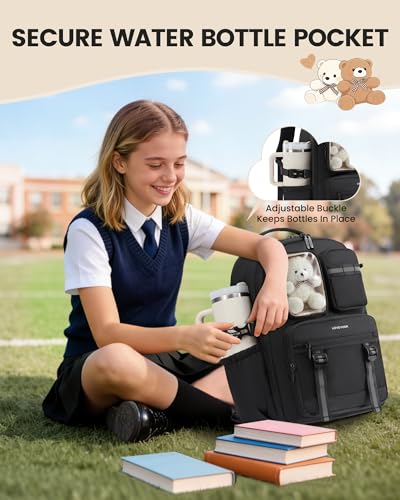 LOVEVOOK Cute School Backpack for Girls Ages 8-14, Bookbag with Plush Bear & Clear Display Pocket, Fits 15.6 Inch Laptop & 40oz Tumbler, Back to School Backpack for Elementary & Middle School - color: Black