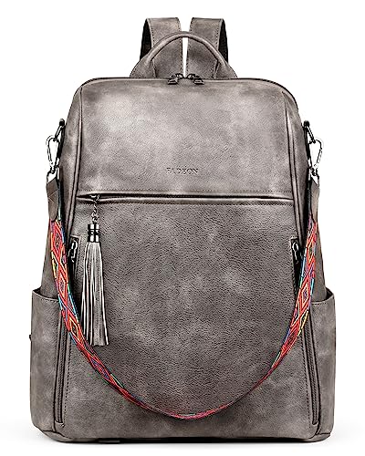 FADEON Leather Laptop Backpack for Women Designer 15.6 inch PU Laptop Bag, Ladies Travel Computer Work Backpack Grey - color: Charcoal Grey Retro Style
