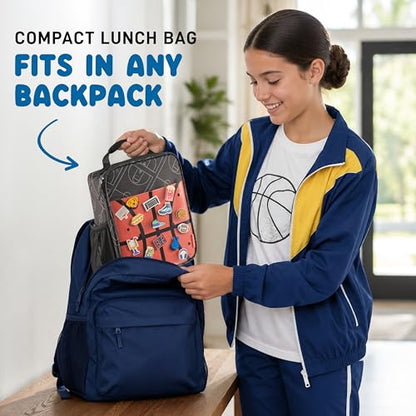 Fit & Fresh Customizable Charm Lunch Bag for Boys & Girls, Basketball Kids Lunch Box with 6 Sports Charms, Premium Insulated Reusable Lunch Tote for School - color: Midnight Hoops
