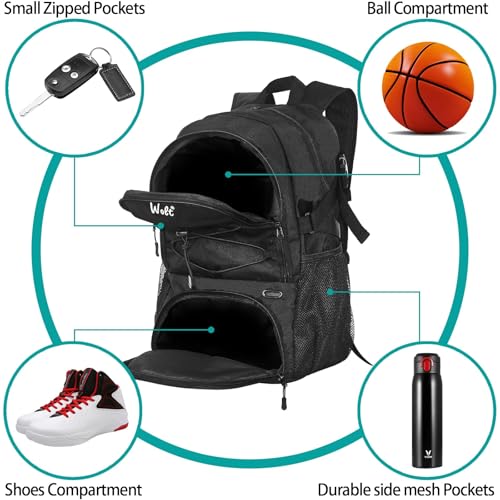 WOLT Basketball Backpack Large Sports Bag with Separate Ball Holder & Shoes Compartment, Best for Basketball, Soccer,Gym - color: Black