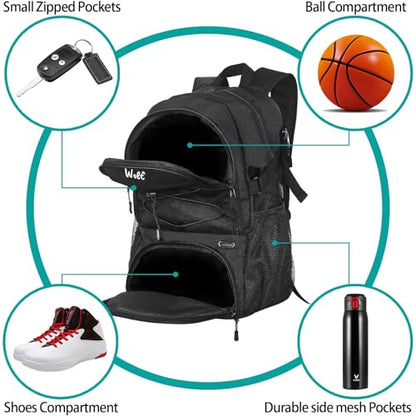 WOLT Basketball Backpack Large Sports Bag with Separate Ball Holder & Shoes Compartment, Best for Basketball, Soccer,Gym - color: Black