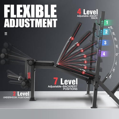 ANCHEER 900LBS Weight Bench Set with Squat Rack, Adjustable Bench Press Set with Leg Extension and Leg Curl, Flat Incline Decline Workout Bench for Home Gym Full Body Strength Training - color: Black&White