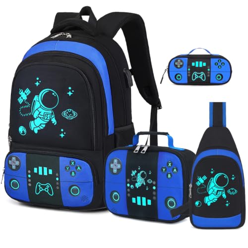 Bevalsa Backpack for School Boys, Cool Luminous Gamer Boys Schoolbag with Sling Bag,Lunch Box & Pencil Case for Kids Children Teens Elementary Middle School(Blue Astronaut Backpack with Shoulder Bag) - color: Blue Astronaut, style: Backpack With Shoulder