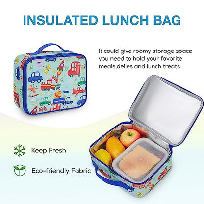 mommore Kids Backpack for Boys Girls 4-8 Kindergarten Elementary School Backpack with Lunch Box - 15” H Fit Folder - color: Light Blue-car, style: 3 Pcs