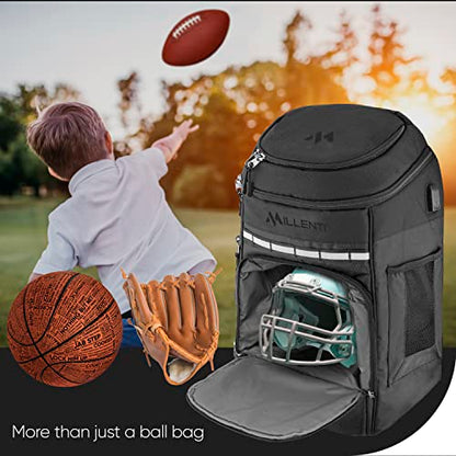 Millenti Backpacks Basketball Soccer Backpack - with Ball Compartment, Travel College Sports Bag and 13” Laptop Sleeve, 27L (Black) - color: Black