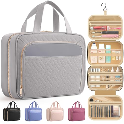 HOTOR Travel Toiletry Bag for Women & Men, Waterproof Makeup Bag with Hanging Hook and Multiple Pockets, Cosmetic Bags for Women, Travel Essentials, 11.2'' x 3.2'' x 8.9'', Grey - color: Grey, size: Medium
