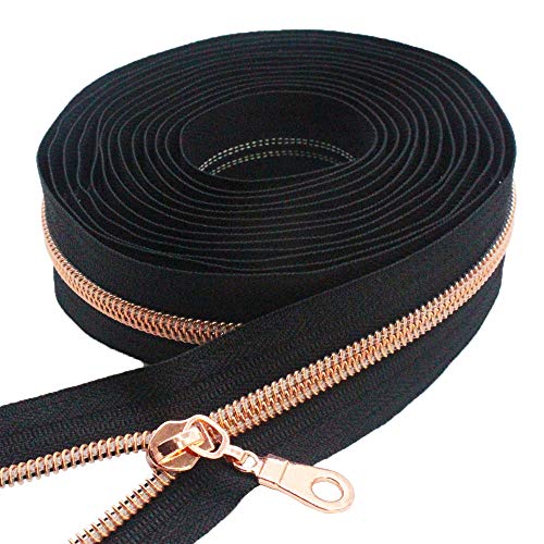 MebuZip #5 Rose Gold Metallic Nylon Coil Zippers by The Yard Bulk Coil Zipper Roll 10 Yards with 25pcs Pulls for DIY Sewing Craft Bags (Black) - color: Rose Gold Black