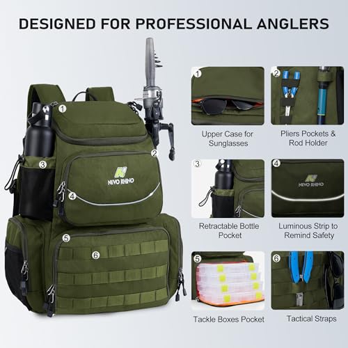 N NEVO RHINO Fishing Tackle Backpack with Rod Holders, 40L Large Fishing Bag with Waterproof Rain Cover,Outdoor Tackle Bag - color: Army Green Pack with 4 Trays, size: Pack with 4 Trays
