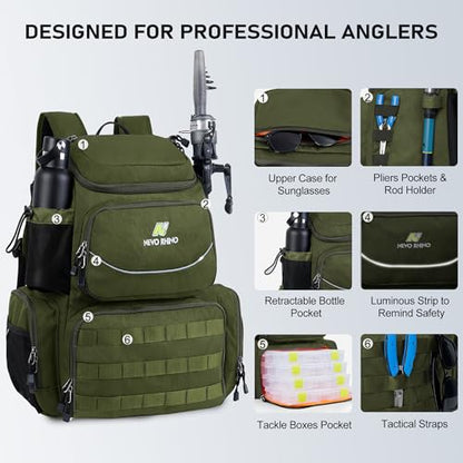 N NEVO RHINO Fishing Tackle Backpack with Rod Holders, 40L Large Fishing Bag with Waterproof Rain Cover,Outdoor Tackle Bag - color: Army Green Pack with 4 Trays, size: Pack with 4 Trays