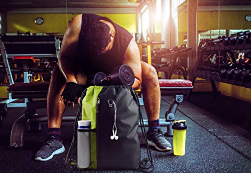 BeeGreen Lime Gym Bag Drawstring Backpack for Women Sports Backpack Workout Bag With 2 Water Bottle Mesh Pockets And Two Zipper Pockets - color: Black/Lime, style: Drawstring With Mesh Pocket