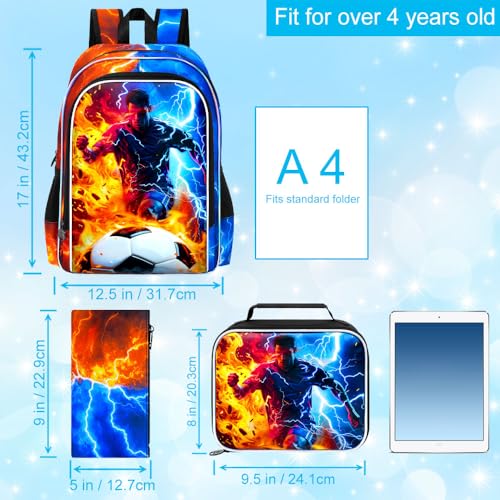 AGSDON 3PCS Boys Backpack for Boys, 17" Kids Bookbag with Lunch Box for Boy,Soccer Flame Thunder Backpacks Water Resistant and Lightweight for Teen - color: Football