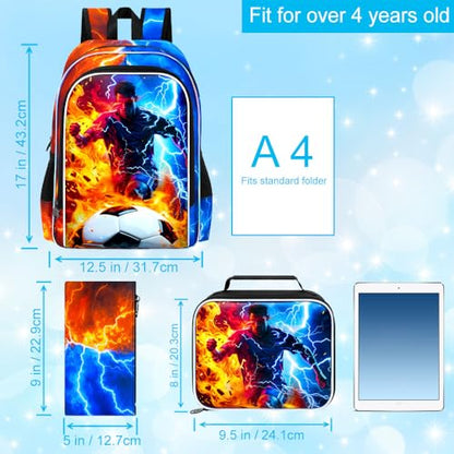 AGSDON 3PCS Boys Backpack for Boys, 17" Kids Bookbag with Lunch Box for Boy,Soccer Flame Thunder Backpacks Water Resistant and Lightweight for Teen - color: Football