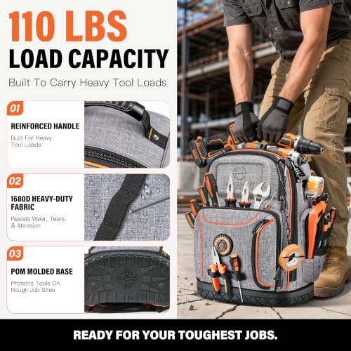 LOKASS 18.1-inch Heavy-Duty Tool Backpack, 75 Pockets, Gray - color: Grey