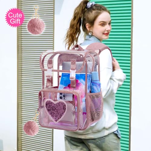 3Pcs Pink Clear Backpack for Girls, School Kids Transparent Bookbag Set, 17" Stadium Approved See Through Backpack with Lunch Box (Pink) - color: Clear Sequins Pink