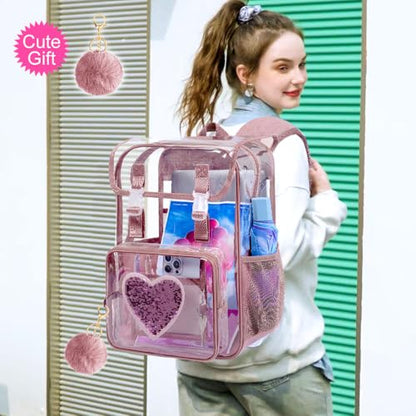 3Pcs Pink Clear Backpack for Girls, School Kids Transparent Bookbag Set, 17" Stadium Approved See Through Backpack with Lunch Box (Pink) - color: Clear Sequins Pink
