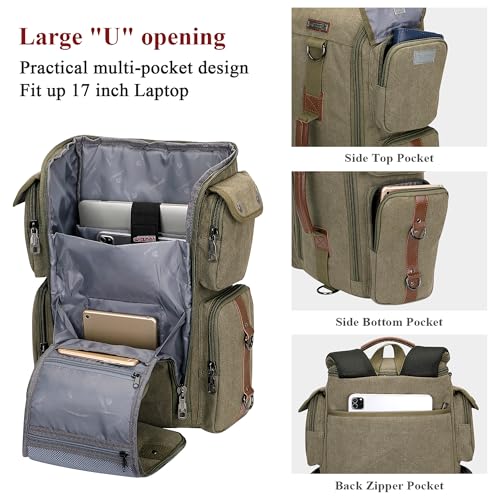 WITZMAN Travel Backpack for Men and Women Carry On Canvas Backpack Duffel Bag for Airplanes Fit 17 Inch Laptop (6661 Green) - color: Army Green