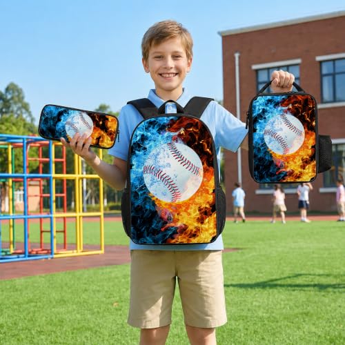 Baseball Backpack Set for School,17 Inch Casual School Bags with Lunch Box, Kids Daypack Bags and Pencil Case Set for Teens Boys Men Students - color: Ice&fire-baseball