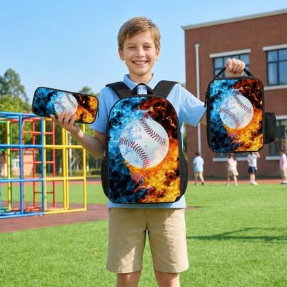 Baseball Backpack Set for School,17 Inch Casual School Bags with Lunch Box, Kids Daypack Bags and Pencil Case Set for Teens Boys Men Students - color: Ice&fire-baseball