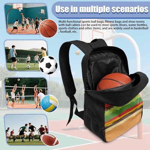 18.5in Basketball Backpack Basketball Bag with Shoe Compartment & Ball Holder, Waterproof Bag for Soccer Volleyball - color: Creative Burger Pattern Print