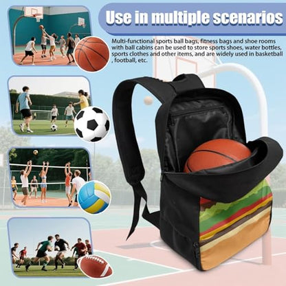 18.5in Basketball Backpack Basketball Bag with Shoe Compartment & Ball Holder, Waterproof Bag for Soccer Volleyball - color: Creative Burger Pattern Print