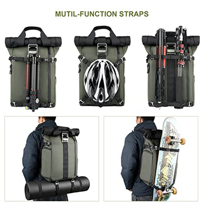 Besnfoto Camera Backpack for Photographer DSLR SLR Waterproof Camera Bag with Laptop Compartment Tripod Holder Roll Top Photographer Case for Hiking Traveling - color: Green