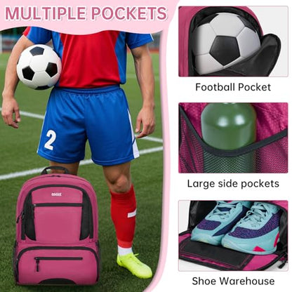 GMAK Soccer Backpack for Youth, Soccer Bag with Ball/Shoe Compartment for Football/Basketball/VB, Lightweight Training Pack - color: Pink