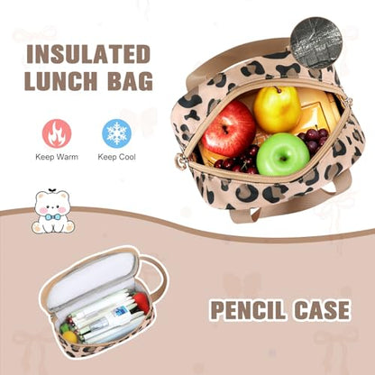Bevalsa Backpack for Girls 3PCS Teen Girls Backpack for School with Lunch Bag Pencil Case Brown Cute Kids Laptop Backpacks Bookbag for Elementary Middle High School College Student (Leopard) - color: Brown Leopard