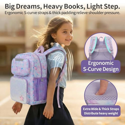 Kids Backpack for Girls - 17 Inch Insulated School Bag Ages 8-10 | Elementary Backpack for Grades 3-5, Fits Binder Laptop, Insulated Pocket, Reflective Strips, S-Curve Straps, Purple Tie Dye - color: Purple Tie-dye
