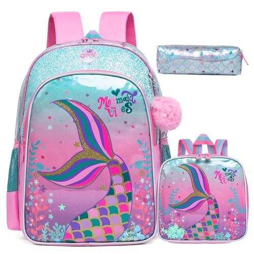 Mermaid Backpacks for Girls Backpack for School Elementary Students Kids Backpack with Lunch Box Cute Backpacks for School Girls 8-12 - color: Pink Blue Mermaid
