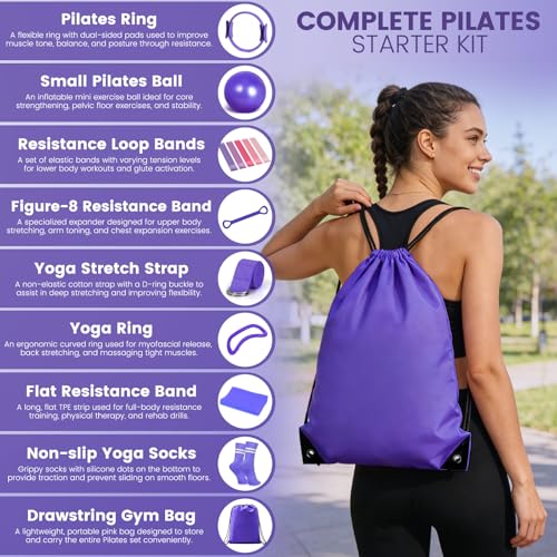 Pilates Kit for Women 13PCS, Pilates Ring and Ball Set with Magic Circle, Resistance Bands Set, Figure 8 Band, Yoga Ring & Grip Socks, Home Workout Equipment Essentials Starter Kit for Beginners - color: Purple