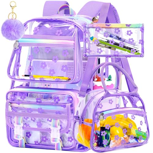 KLFVB See Through Backpack Heavy Duty, 3PCS Girls Clear School Bag Set, Cute Transparent Bookbag for Women - Plum Blossom Purple - color: Plum Blossom Purple Clear Backpack