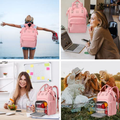 Women's Insulated Laptop Backpack Lunch Cooler Bookbag with USB Port for Women (15.6/14/13 Inch Laptop), Gift For Her - color: Pink-15.6inch