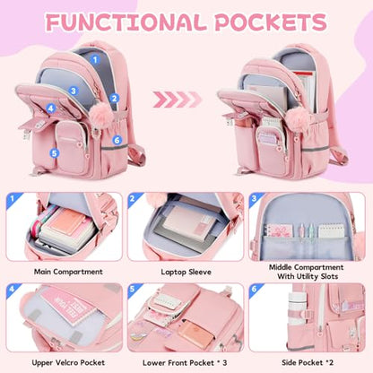 MUSEVOS Girls Backpack, Kids Backpack for Girls, School Bookbag for Teens Age 6-15, Large Capacity Water Resistant Backpack for Elementary to High School, Cute Travel Daypack, Pink - color: Pink