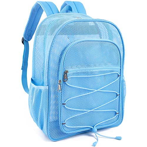 COVAX Heavy Duty Mesh Backpack, Semi-transparent Mesh Bookbag, See Through College Backpack with Bungee and Comfort Padded Straps for Commuting, Swimming, Beach, Outdoor Sports (Blue) - color: Blue