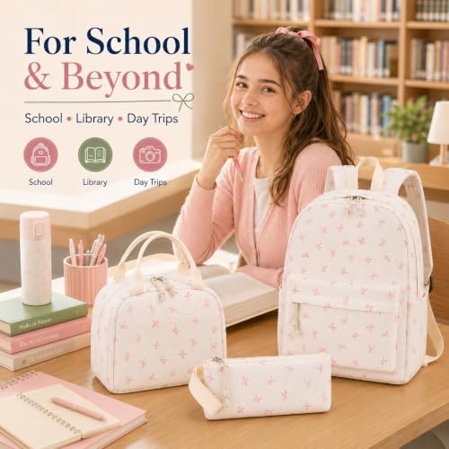 Bluboon School Backpack Set Girls Womens Laptop Bookbag Casual Daypack Fits 15 inch Laptop with Lunch Tote Bag and Pencil Bag - color: Pink Bow Polka Dot Beige
