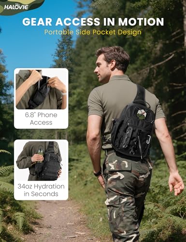 HALOVIE Anti-theft Tactical Sling Bag RFID Black Military Shoulder Bag with Phone Pack EDC Molle Crossbody Bag for men - color: Black