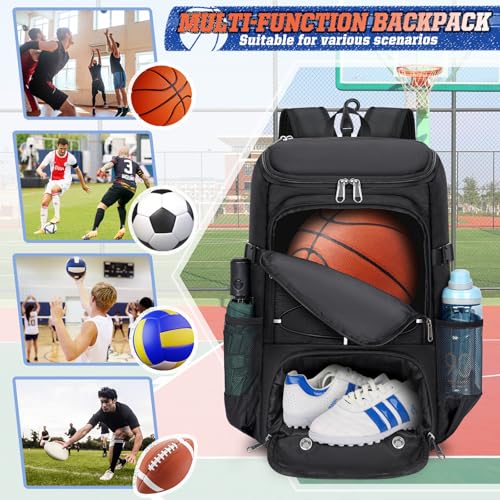 RAINSMORE Basketball Backpack 45L Basketball Bag with Separate Ball Holder & Shoes Compartment Water Resistant Sports Bag Basketball Equipment Bags Fit Volleyball, Soccer, Swim, Gym, Travel - color: Black