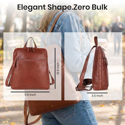 Genuine Leather Backpack for Women - 12.5 Inch with Adjustable Shoulder Strap - Stylish and Durable (Tan) - color: Tan