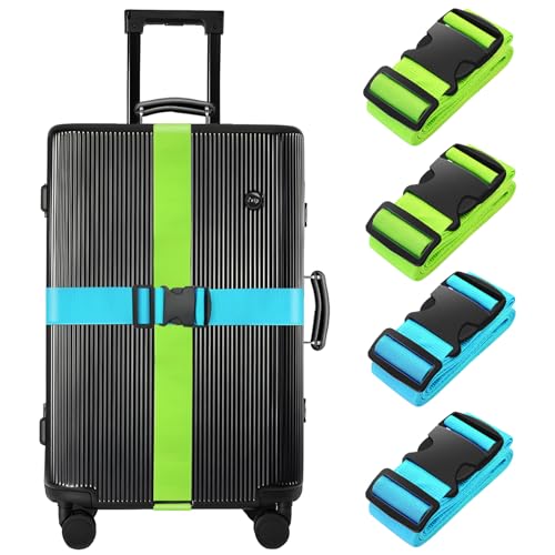 BILIONE 4 Pack Luggage Straps 79" Long Belts Keep Suitcase Secure While Traveling, TSA Approved Add a Bag Premium Accessory for Travel Bag Closure (2PCS Blue + 2PCS Green) - color: Blue+Green, size: 4Pcs